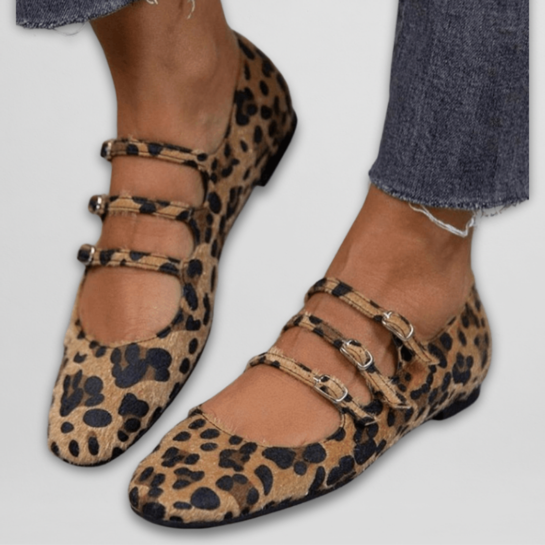 Jane-Ballerinas Damen – Animal-Print-Oberfläche mit dreifachem Riemenverschluss