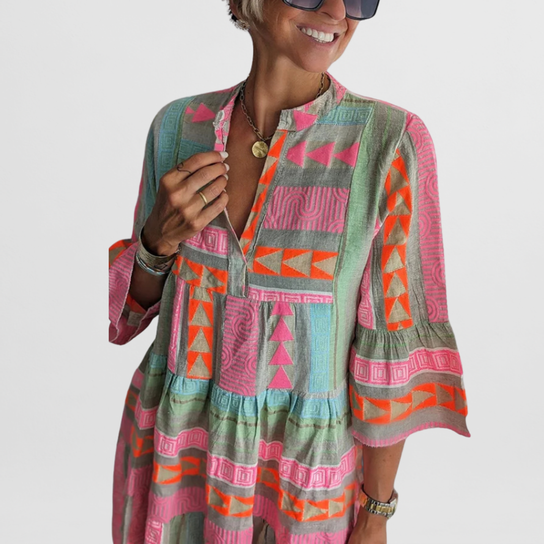 Boho-Sommerkleid Damen – Stufige Struktur mit farbigem geometrischem Muster