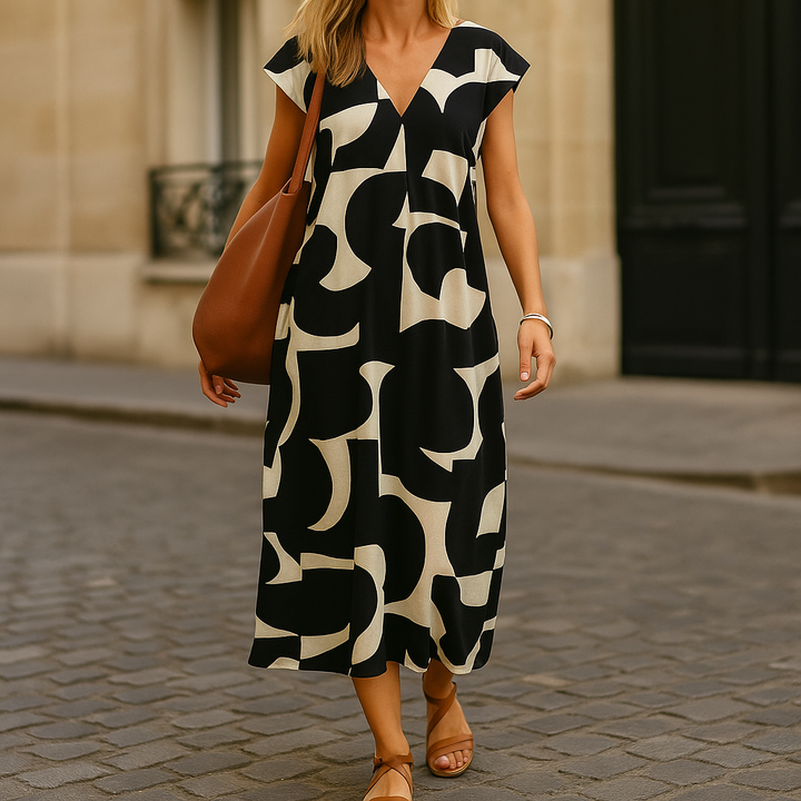 Weit fallendes langes V-Ausschnitt-Kleid