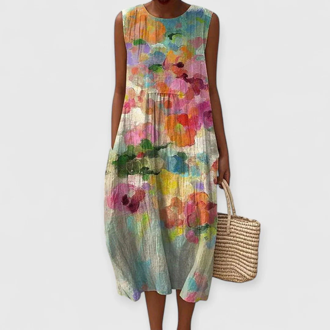 Ärmelloses Midikleid Damen Gekreppte Oberfläche mit mehrfarbigem Print
