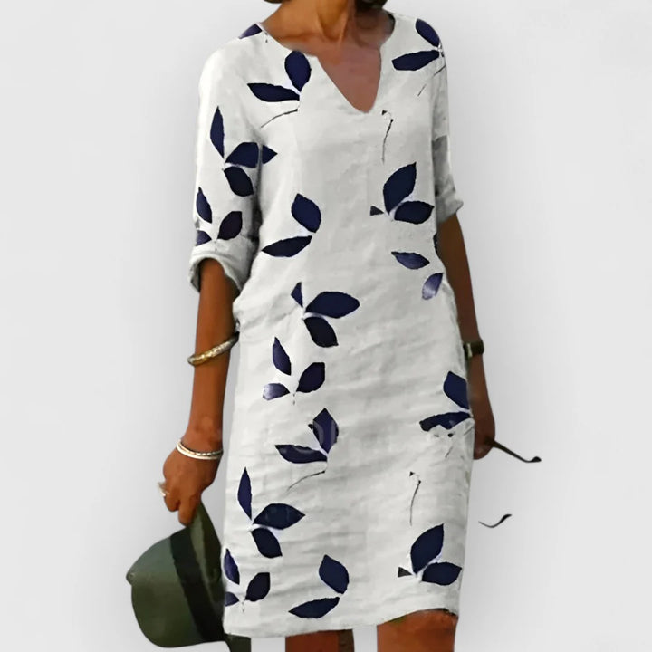 Bedrucktes Midikleid Damen Drapierte Form mit aufgerollten Ärmeln