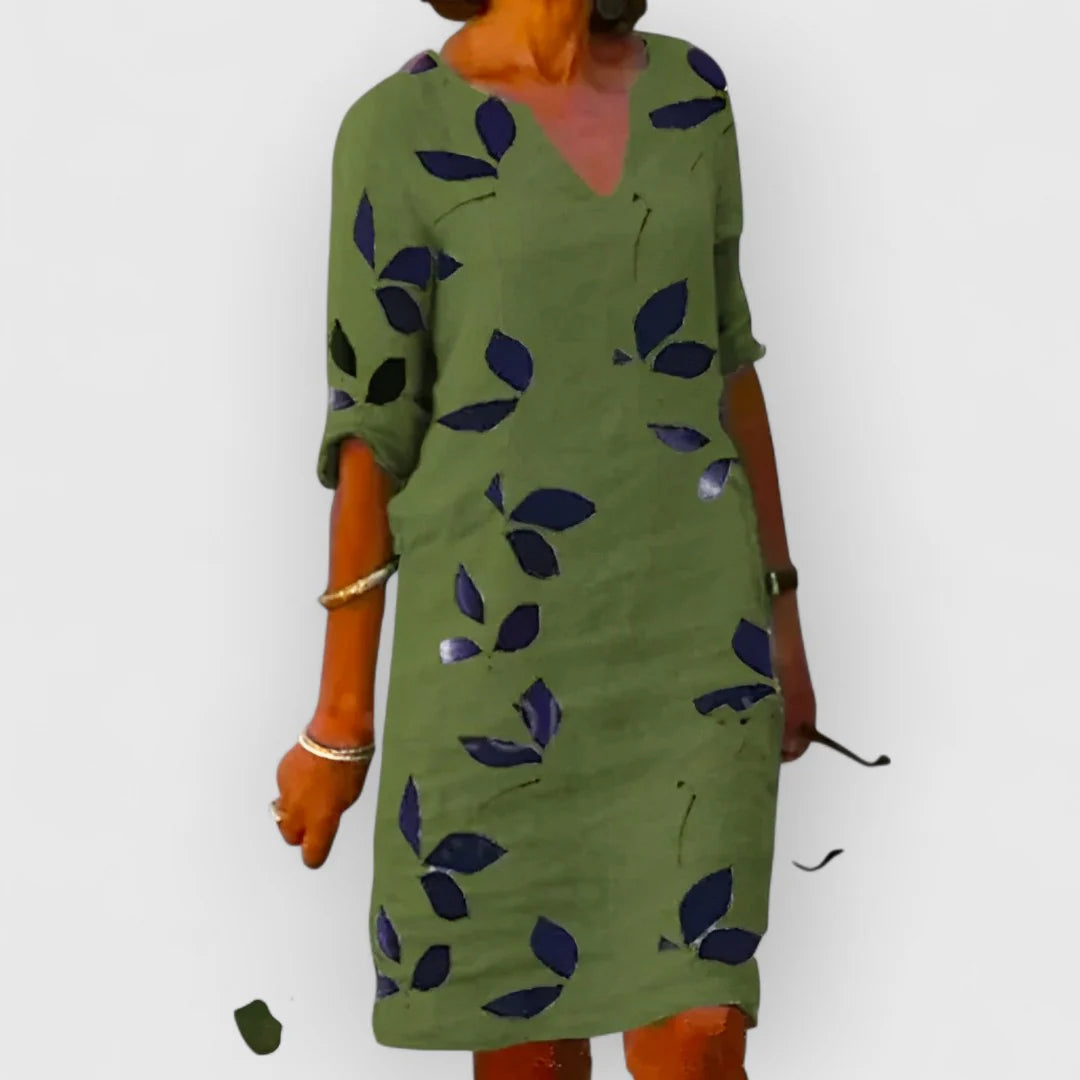 Bedrucktes Midikleid Damen Drapierte Form mit aufgerollten Ärmeln