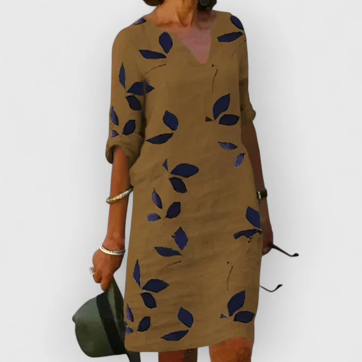 Bedrucktes Midikleid Damen Drapierte Form mit aufgerollten Ärmeln