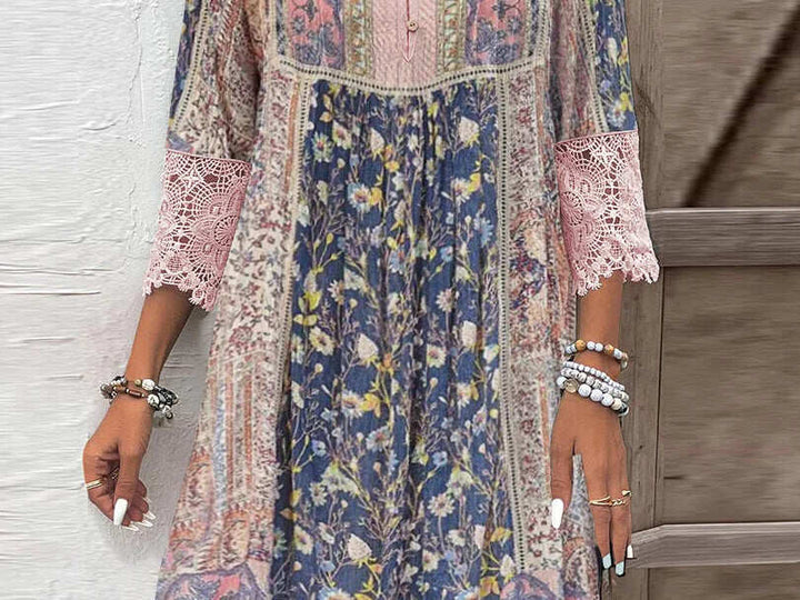 Boho-Blumenkleid Damen Bedruckte Oberfläche mit Spitzenbesatz
