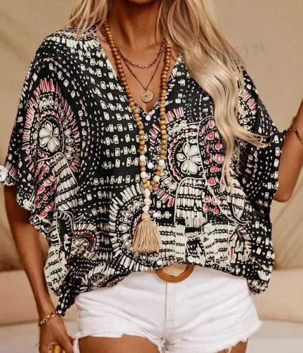 Boho-Bluse mit Print Damen Lockerer Schnitt mit abstraktem Oberflächen-Look