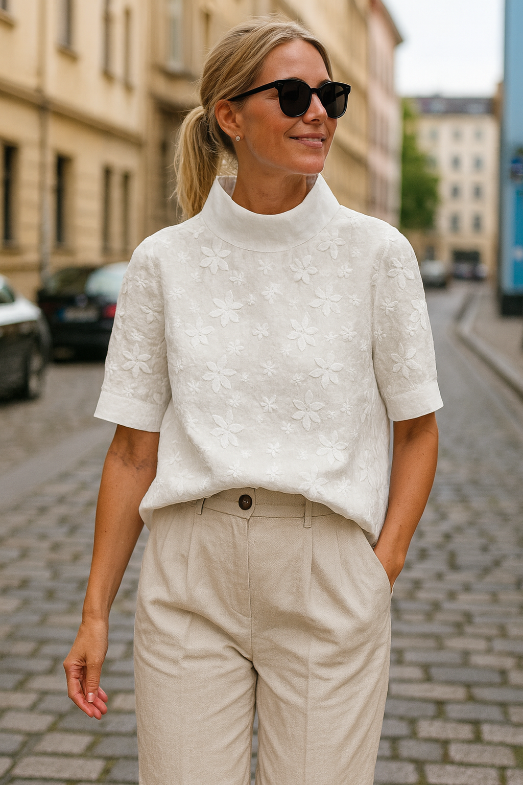 Bluse Doutzen mit besticktem, schlichten Stehkragen