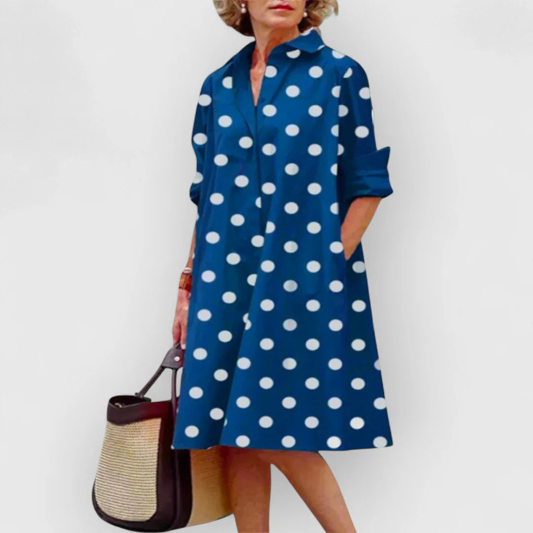 Hemdblusenkleid mit Punkten für Damen Fließende A-Linie mit Seitentaschen