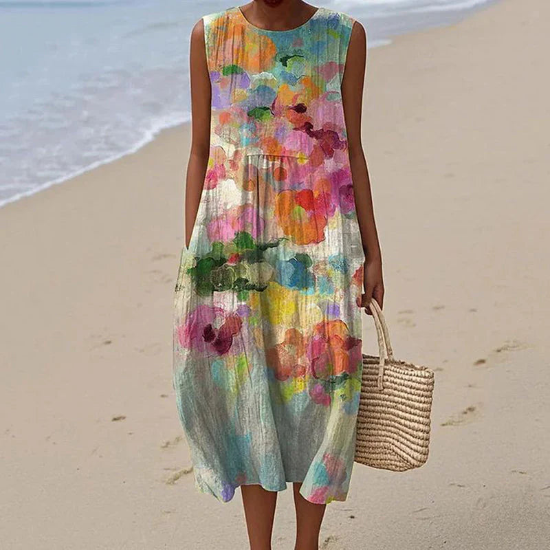 Midikleid mit Blumenmuster für Damen Bedruckte Oberfläche mit Ärmellosem Schnitt