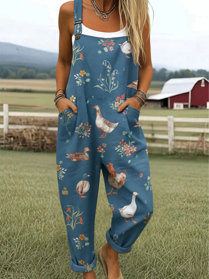 Vintage-Print Jumpsuit Damen Ganzflächiger Botanischer Look mit Verstellbaren Trägern