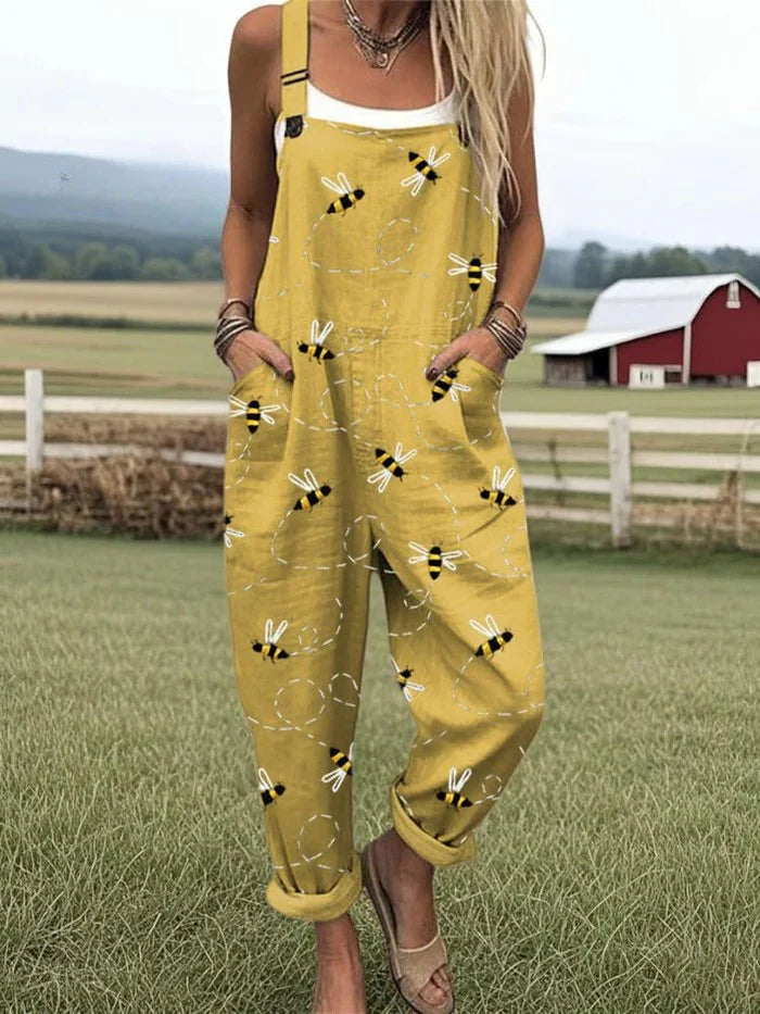 Vintage-Print Jumpsuit Damen Ganzflächiger Botanischer Look mit Verstellbaren Trägern
