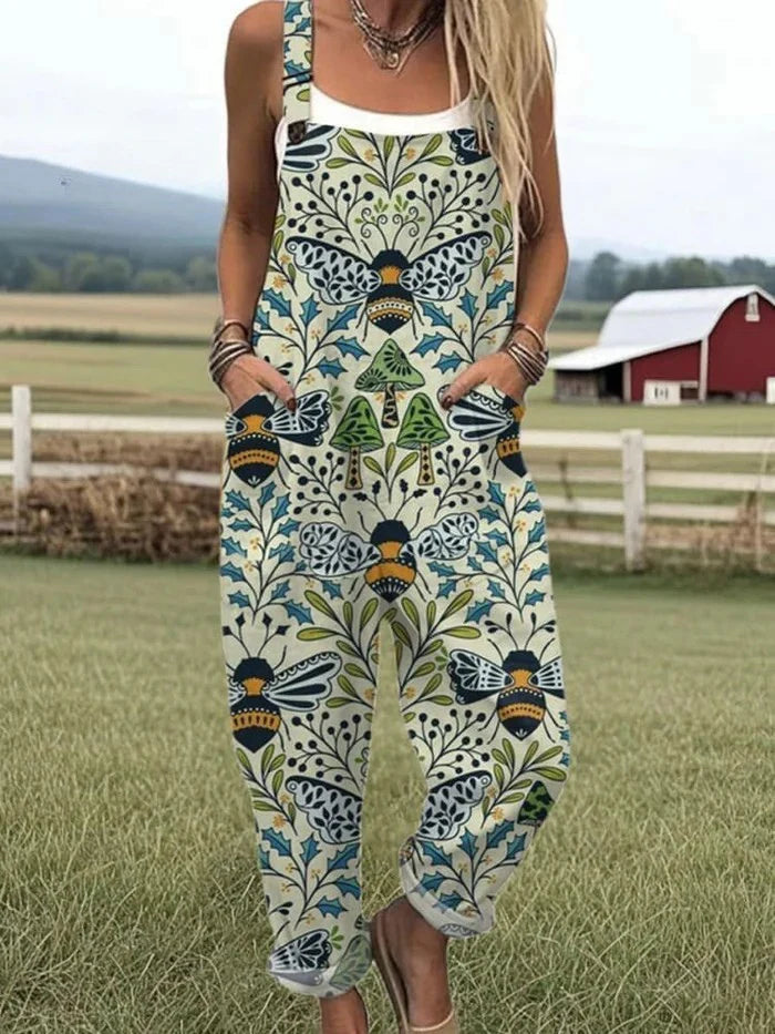 Vintage-Print Jumpsuit Damen Ganzflächiger Botanischer Look mit Verstellbaren Trägern
