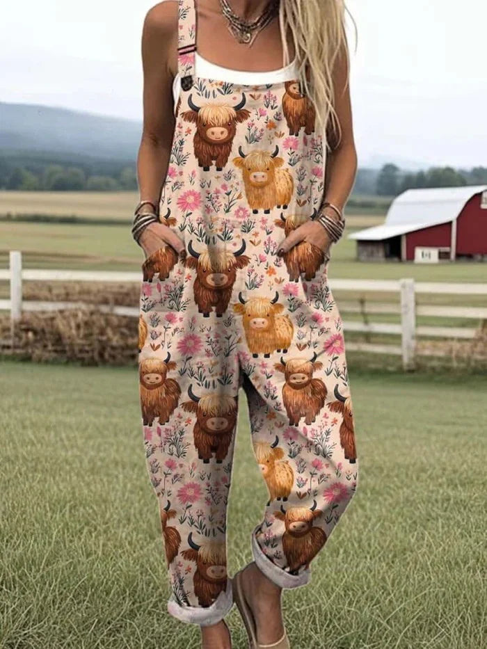 Vintage-Print Jumpsuit Damen Ganzflächiger Botanischer Look mit Verstellbaren Trägern