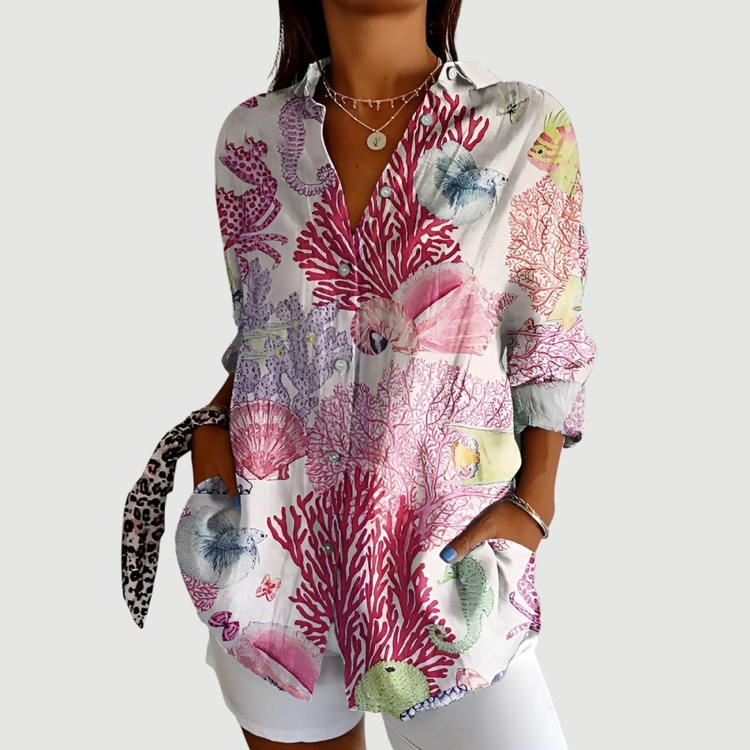Marine Print Bluse Damen – Mischgewebe mit ozeanischem Muster
