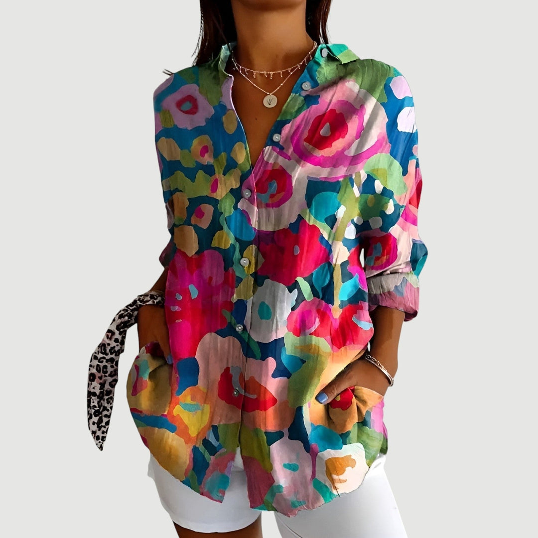 Bunte Damen-Bluse mit Knopfleiste – Textilmix mit abstraktem Muster