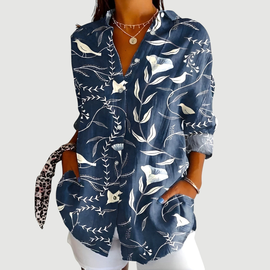 Bluse mit botanischem Druck für Damen – Strukturierte Mischung mit Hemdkragen