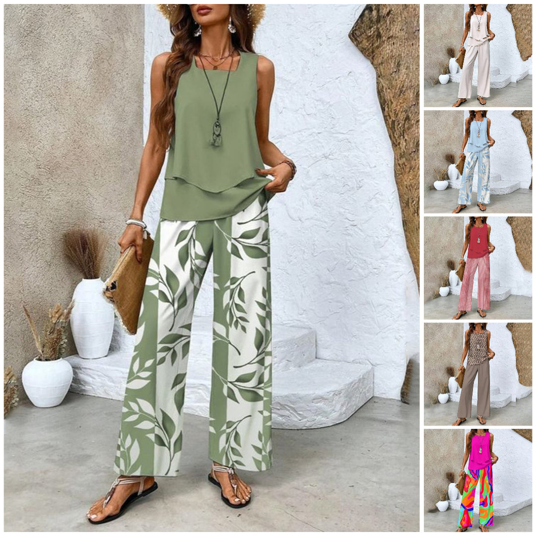 Damen Trendy Print 2 Stück Outfits ärmelloses Top & Hose