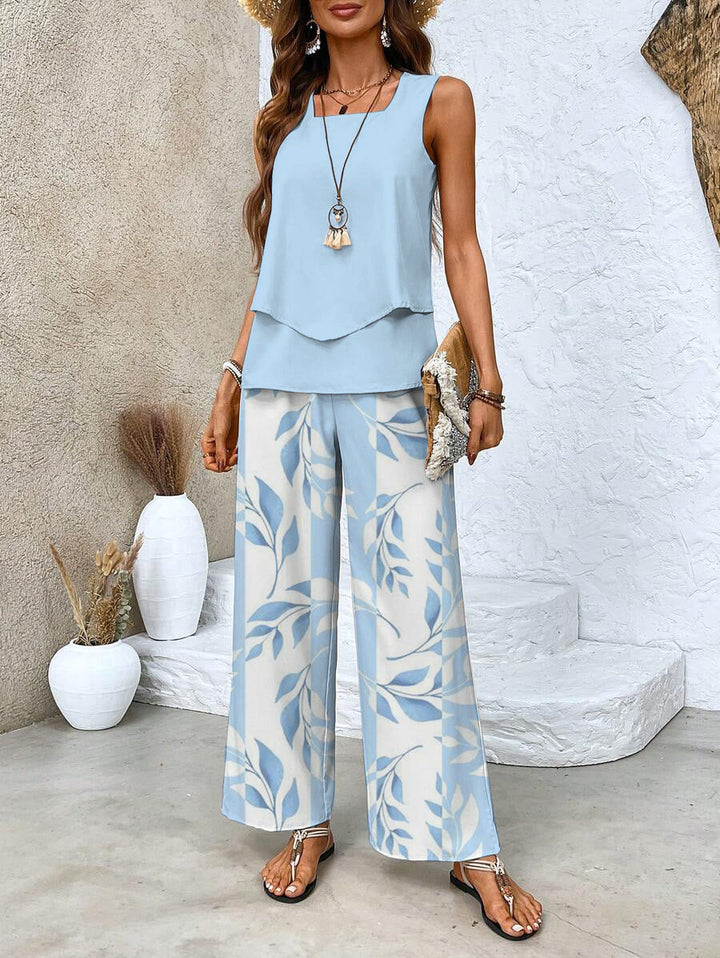 Zweiteiliges Sommer-Set Damen – Drapiertes Oberteil mit Hose im botanischen Print