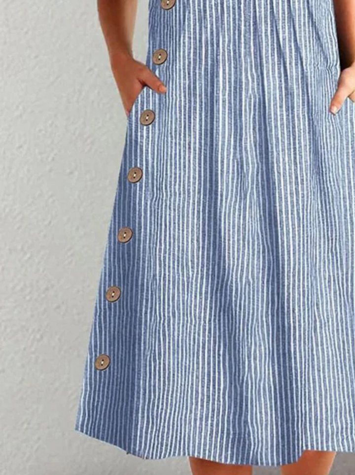Gestreiftes Midikleid Damen – Gewebte Oberfläche mit Knopfleiste vorn