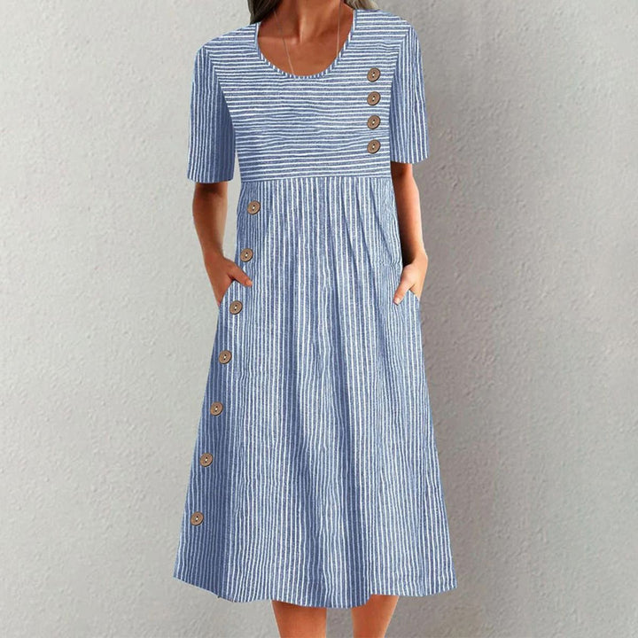 Gestreiftes Midikleid Damen – Gewebte Oberfläche mit Knopfleiste vorn
