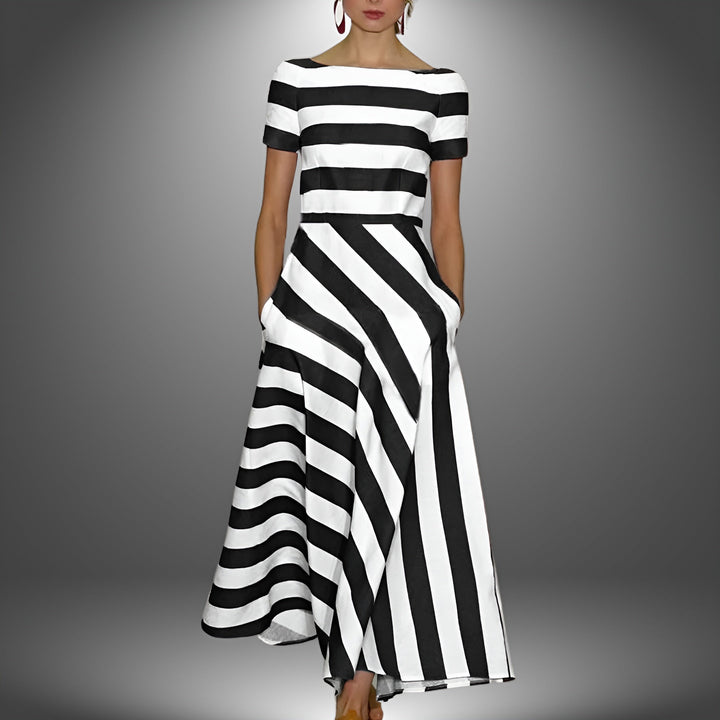 Gestreiftes Maxikleid Damen – Gewebte Oberfläche mit gemischter Streifenrichtung