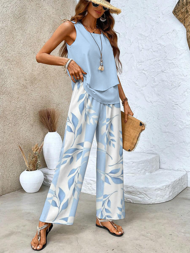Zweiteiliges Sommer-Set Damen – Drapiertes Oberteil mit Hose im botanischen Print