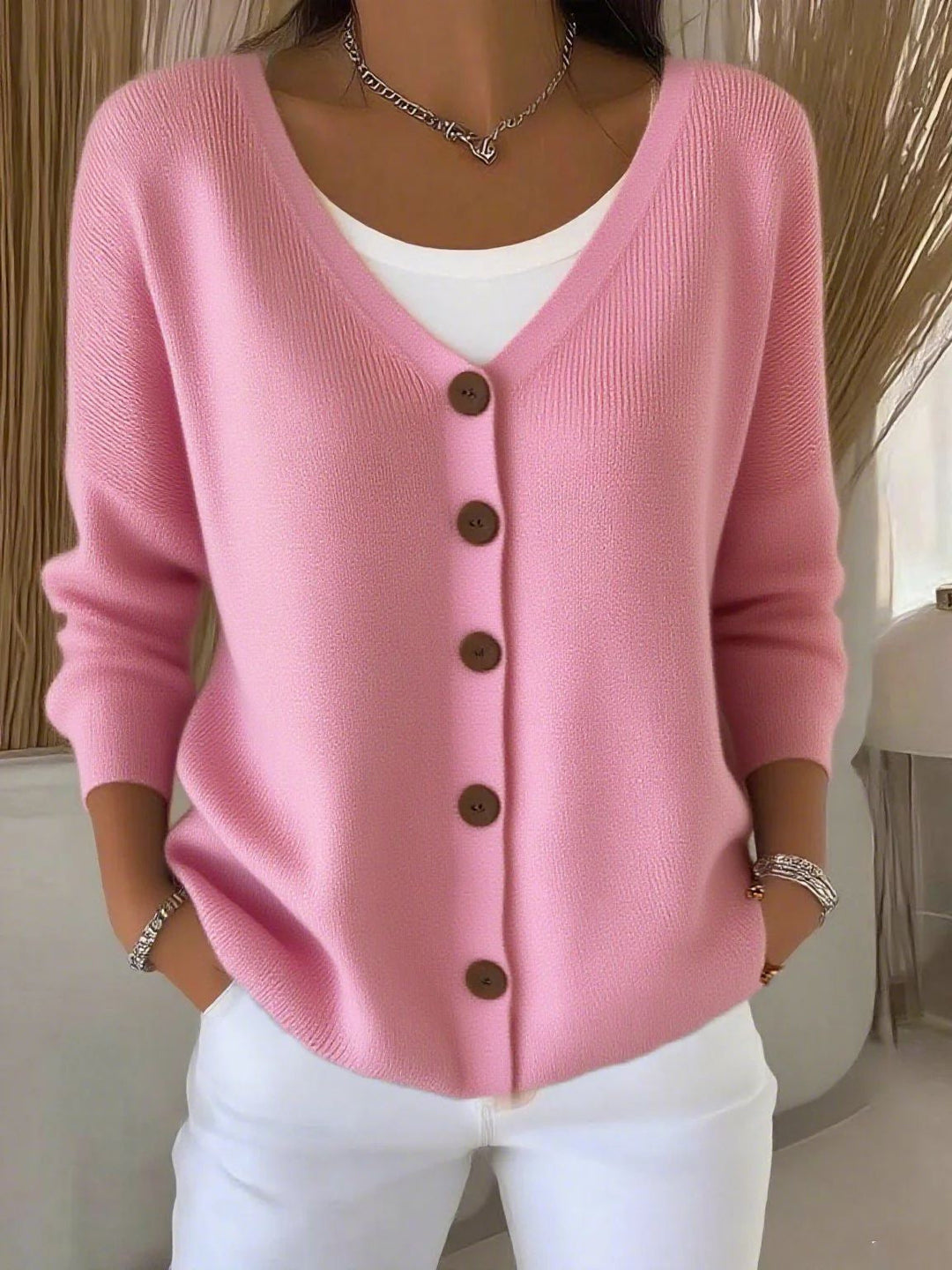Olivia - Langarm V-Ausschnitt Knopf Pullover