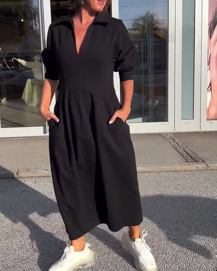 Langes Freizeitkleid Damen – Strukturierte Oberfläche mit Seitentaschen
