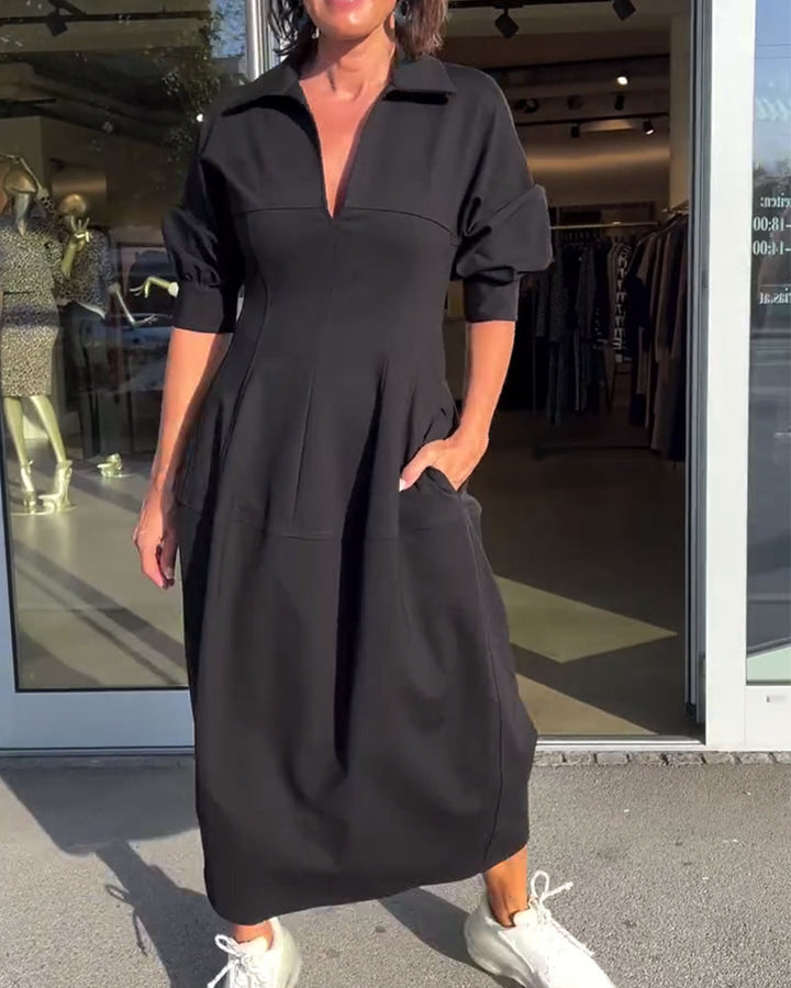 Langes Freizeitkleid Damen – Strukturierte Oberfläche mit Seitentaschen