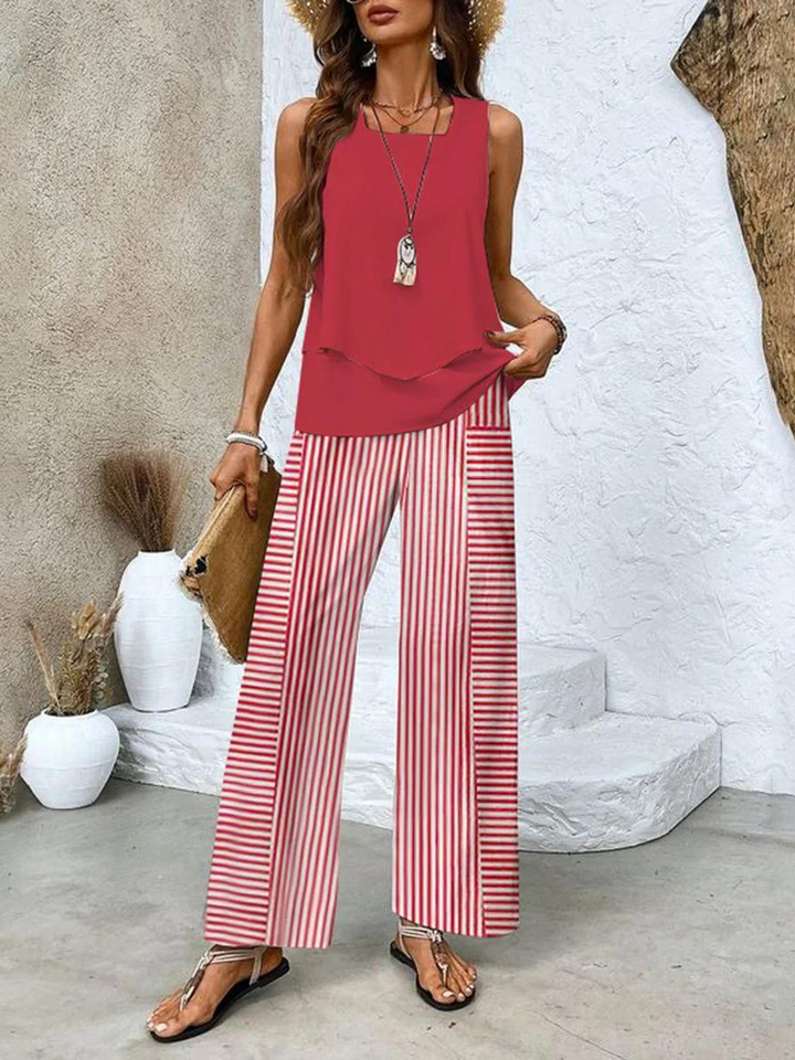 Zweiteiliges Sommer-Set Damen – Drapiertes Oberteil mit Hose im botanischen Print