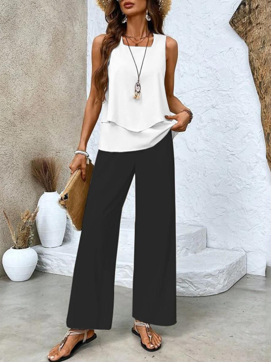 Zweiteiliges Sommer-Set Damen – Drapiertes Oberteil mit Hose im botanischen Print