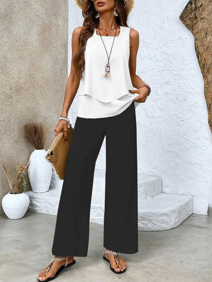 Zweiteiliges Sommer-Set Damen – Drapiertes Oberteil mit Hose im botanischen Print