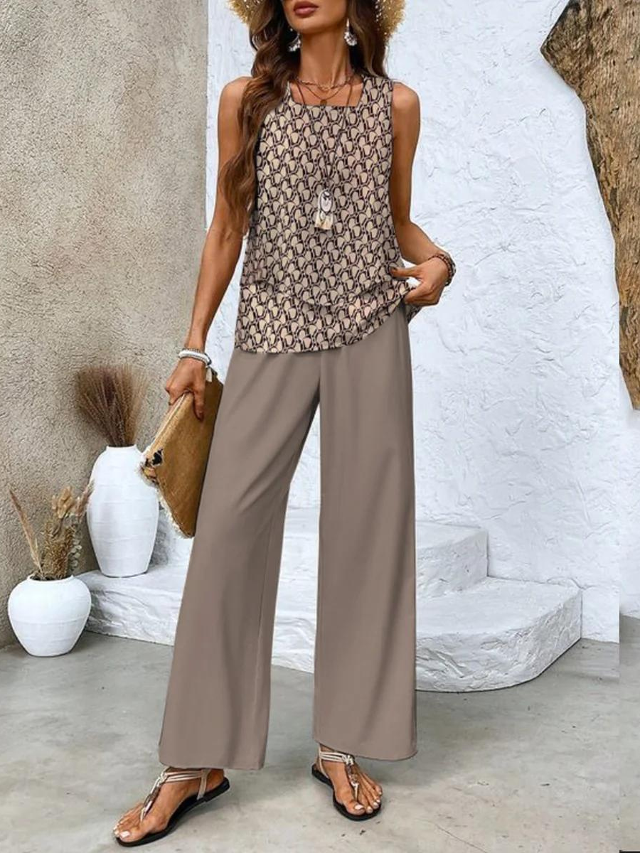 Zweiteiliges Sommer-Set Damen – Drapiertes Oberteil mit Hose im botanischen Print