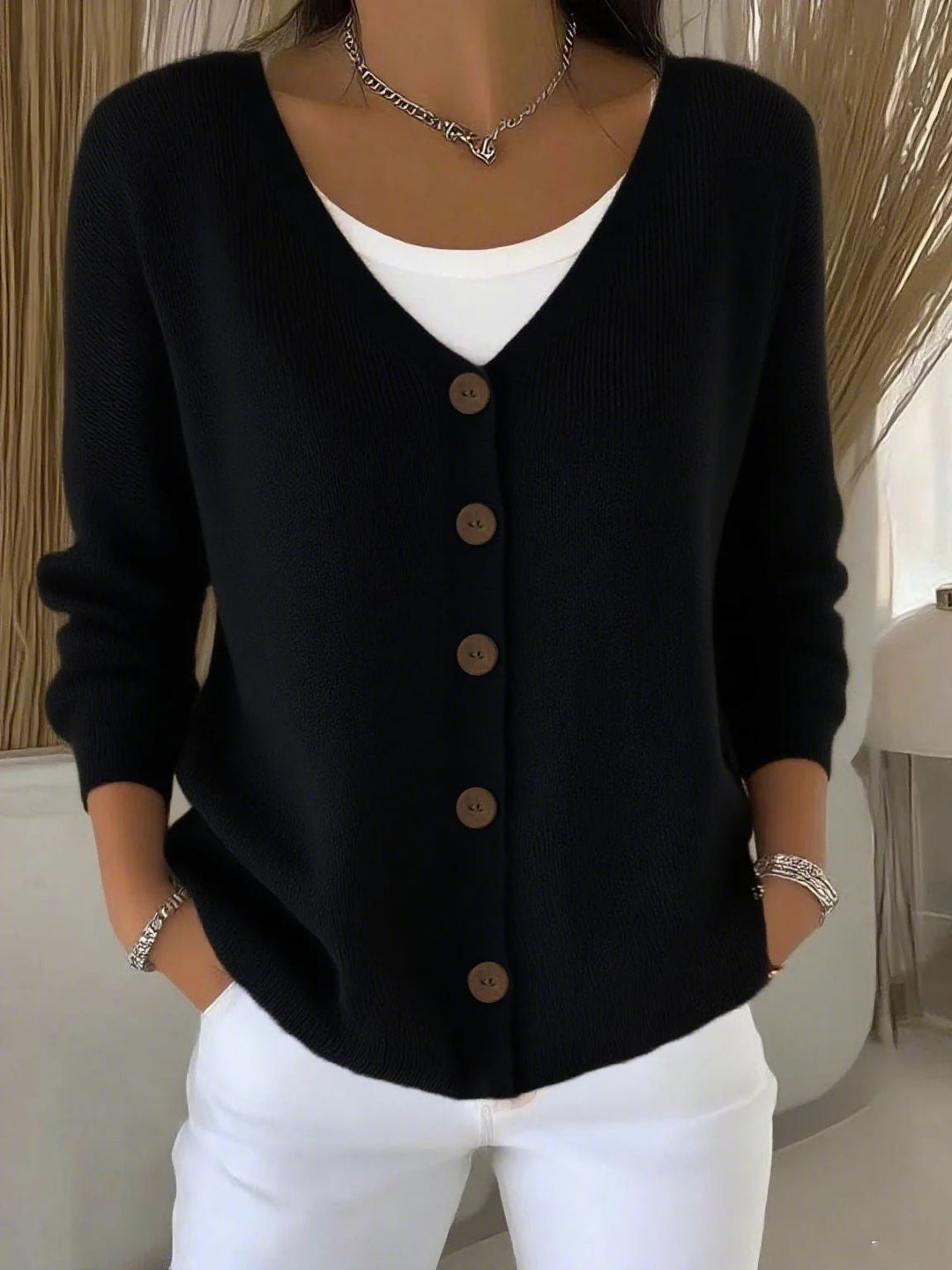 Olivia - Langarm V-Ausschnitt Knopf Pullover