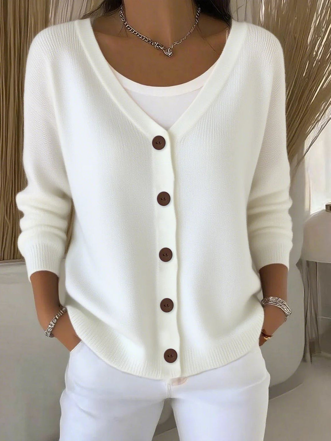 Olivia - Langarm V-Ausschnitt Knopf Pullover