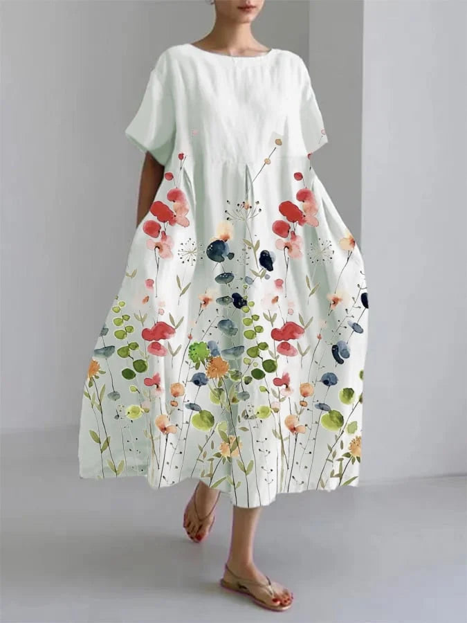Geblümtes Midikleid Damen – Aquarell-Print mit drapierter A-Linien-Struktur