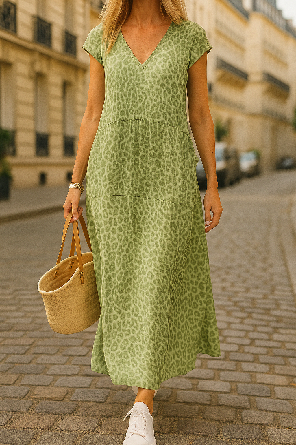 Langes Sommerkleid mit Leopardenmuster und V-Ausschnitt