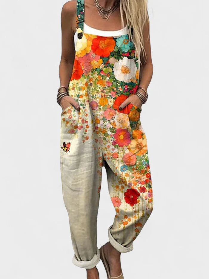 Bedruckter Jumpsuit Damen Blumenmuster mit Verstellbaren Trägern