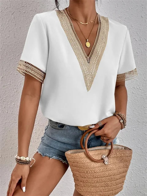 Bluse mit V-Ausschnitt Damen Spitzenbesatz mit Lockerer Passform