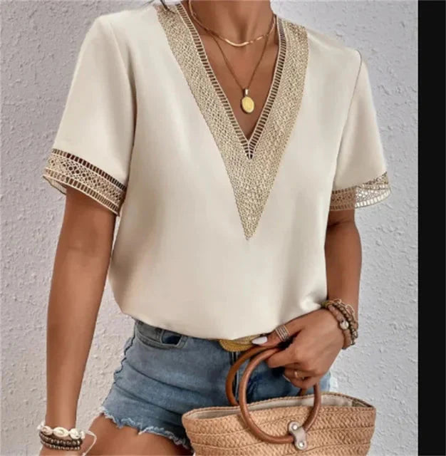 Bluse mit V-Ausschnitt Damen Spitzenbesatz mit Lockerer Passform