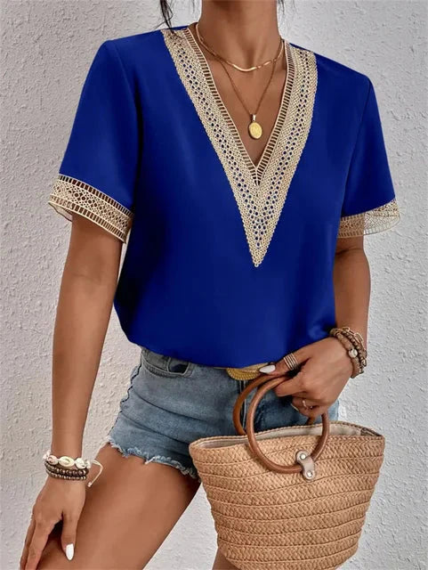 Bluse mit V-Ausschnitt Damen Spitzenbesatz mit Lockerer Passform