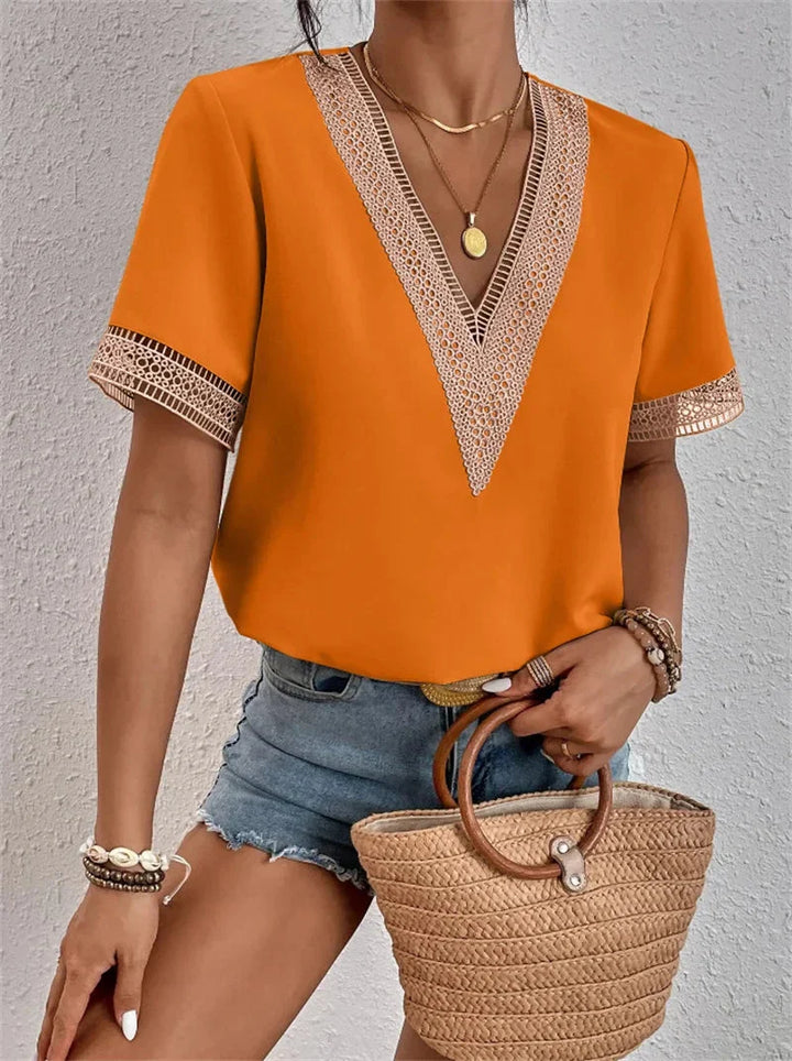 Bluse mit V-Ausschnitt Damen Spitzenbesatz mit Lockerer Passform