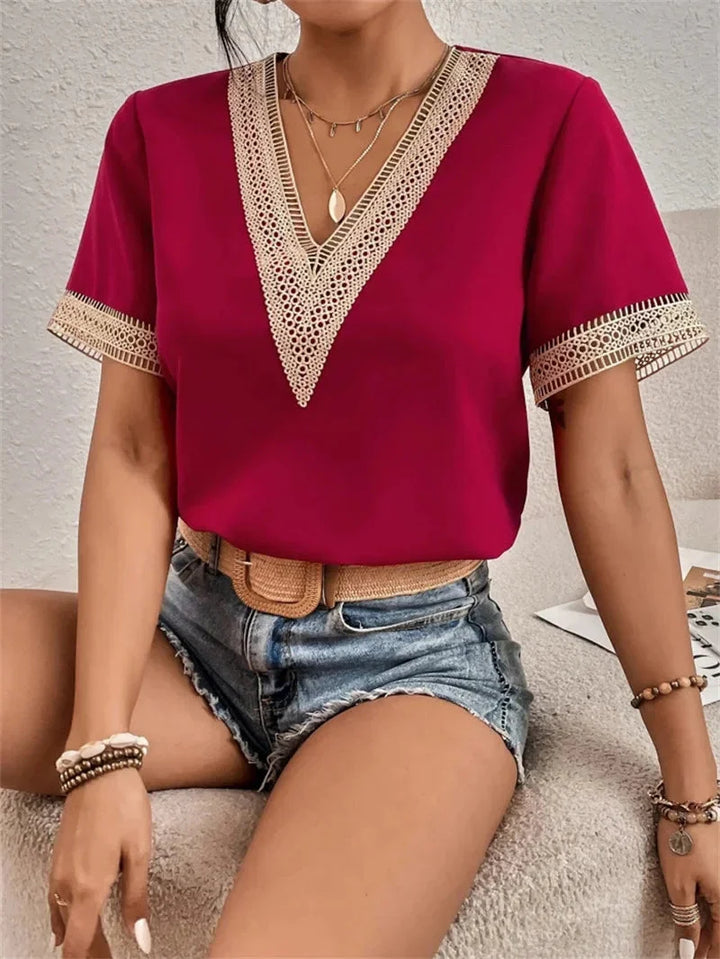 Bluse mit V-Ausschnitt Damen Spitzenbesatz mit Lockerer Passform