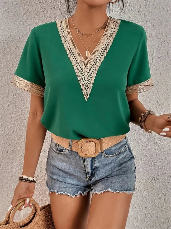 Bluse mit V-Ausschnitt Damen Spitzenbesatz mit Lockerer Passform