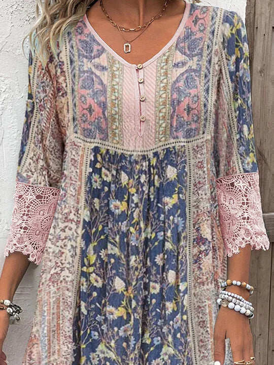 Boho-Blumenkleid Damen Bedruckte Oberfläche mit Spitzenbesatz