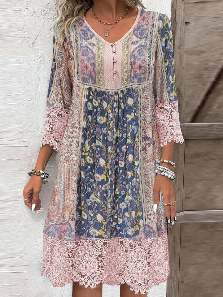 Boho-Blumenkleid Damen Bedruckte Oberfläche mit Spitzenbesatz