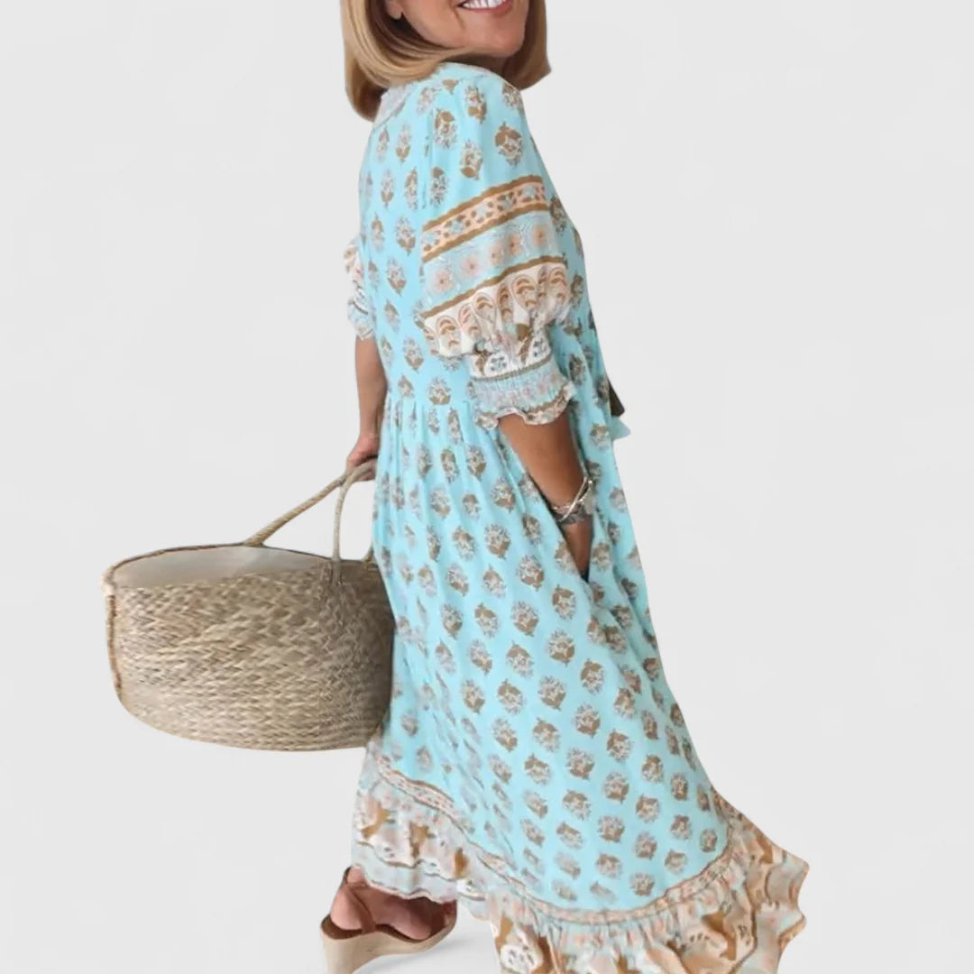 Boho Midikleid Damen Bedruckte Oberfläche mit Rüschensaum