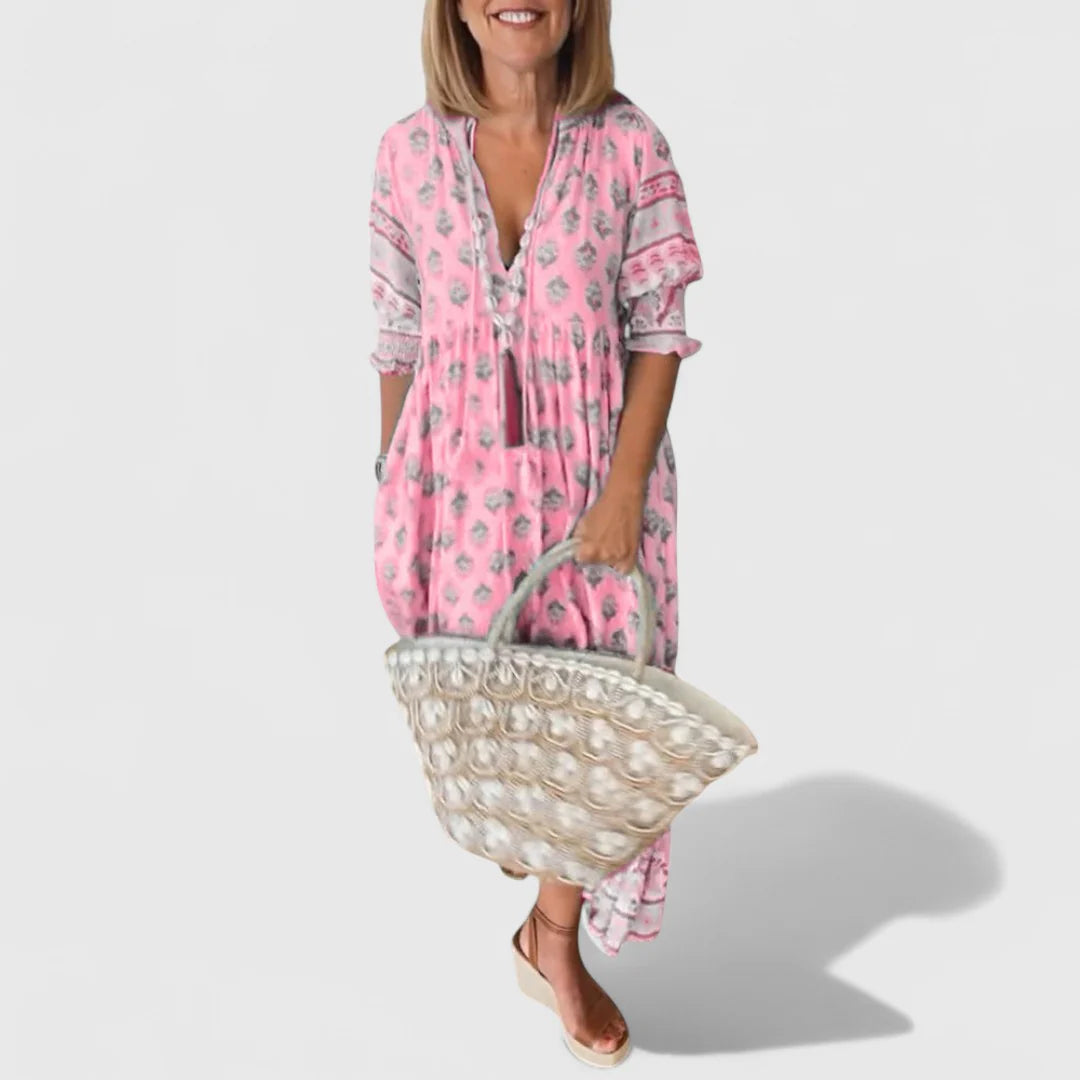 Boho Midikleid Damen Bedruckte Oberfläche mit Rüschensaum