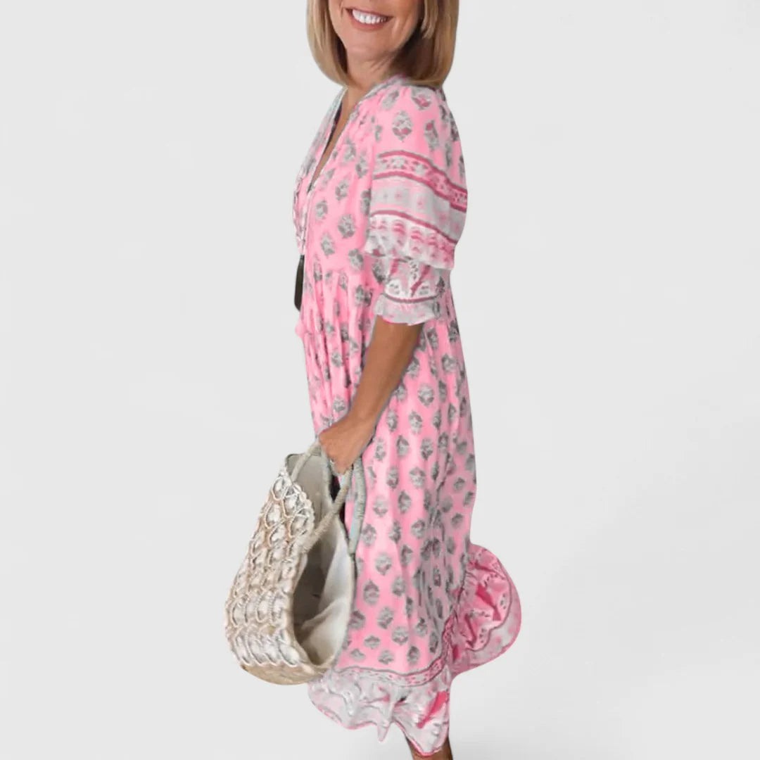 Boho Midikleid Damen Bedruckte Oberfläche mit Rüschensaum