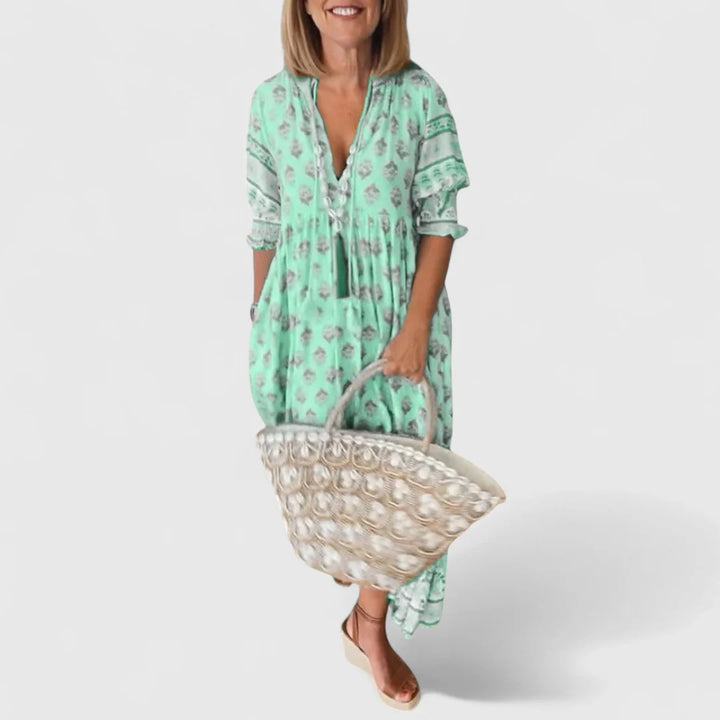 Boho Midikleid Damen Bedruckte Oberfläche mit Rüschensaum