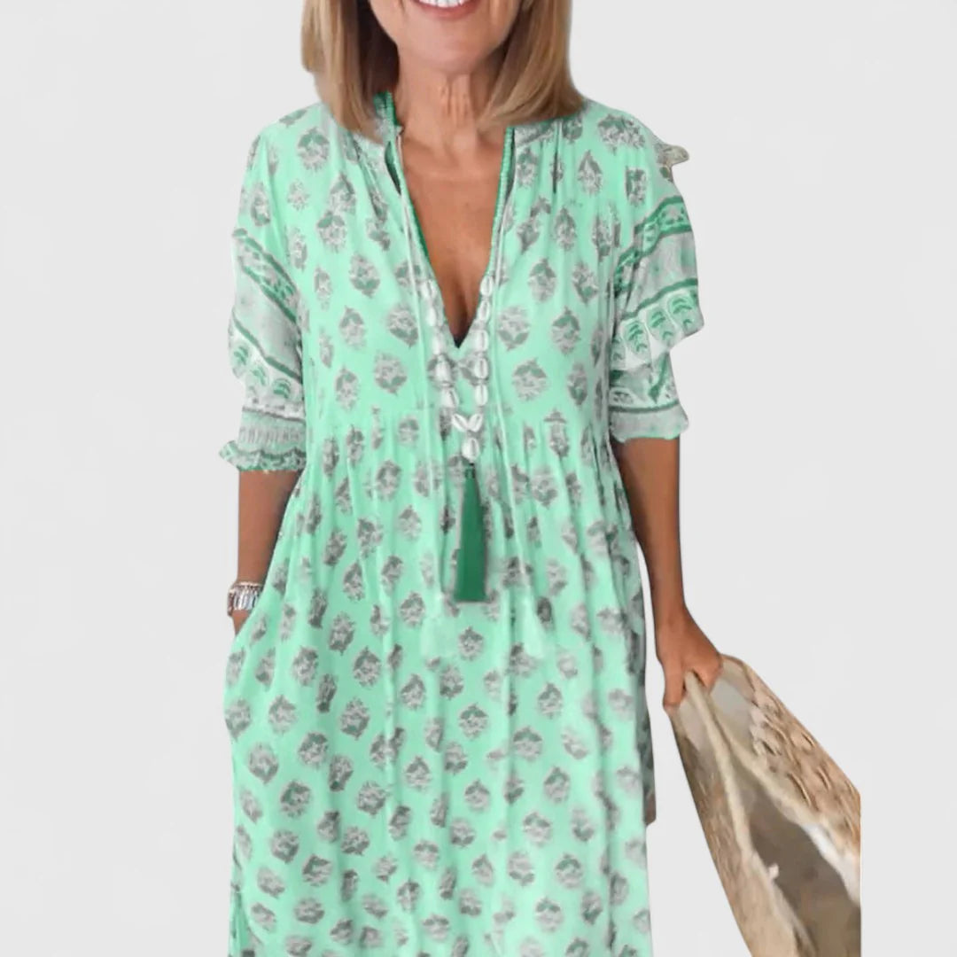 Boho Midikleid Damen Bedruckte Oberfläche mit Rüschensaum